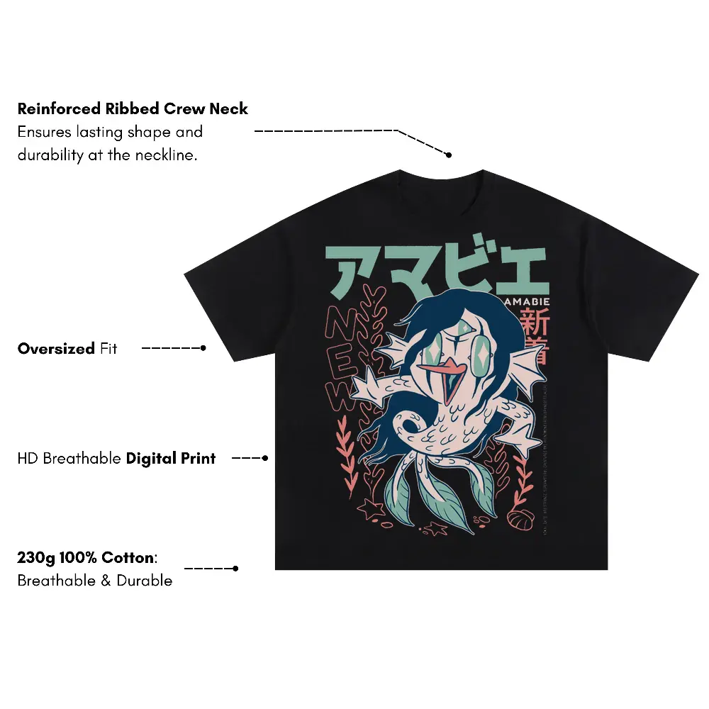 Amabie Yokai Oversized Black Graphic Tee - Image 3