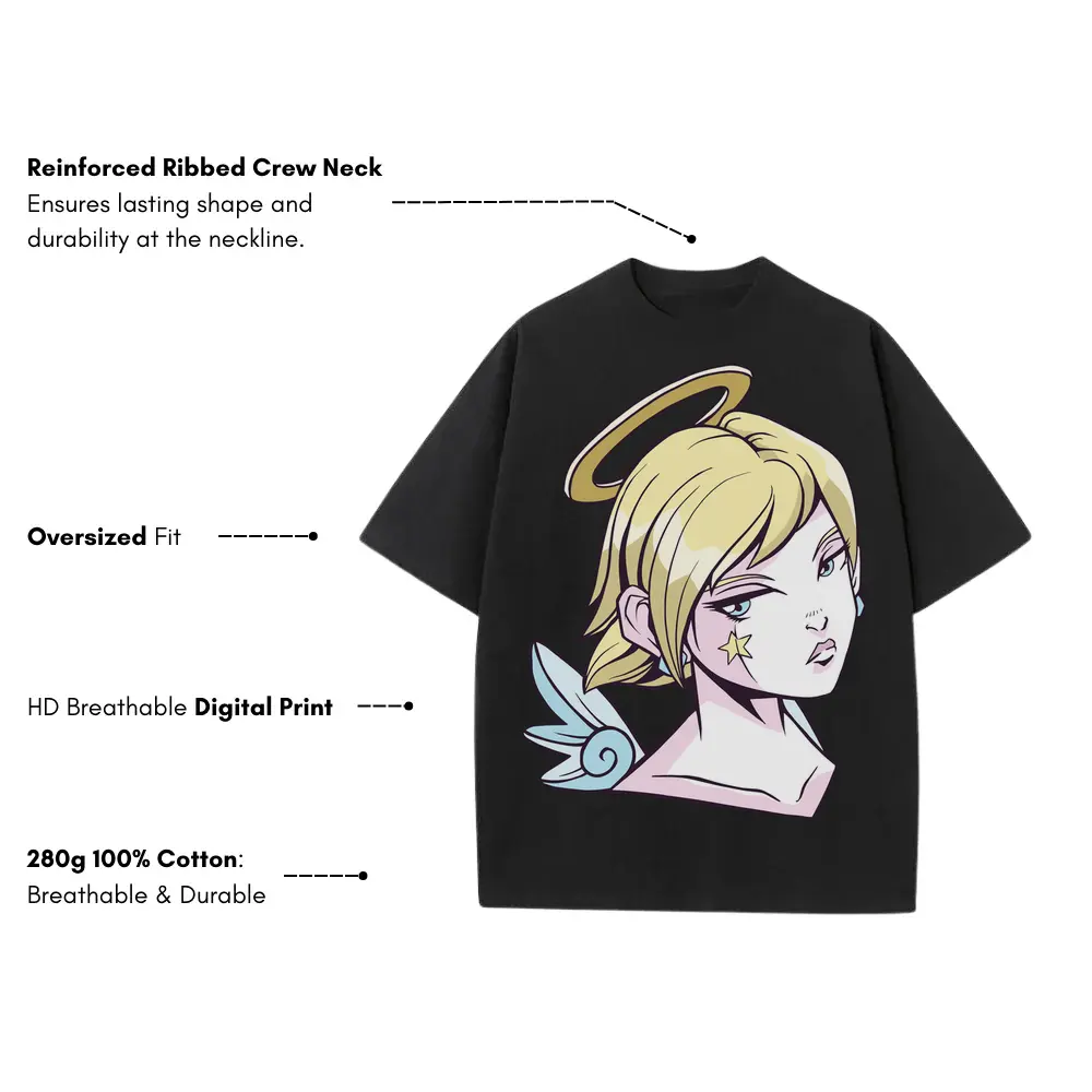 Angel Girl Anime Heavyweight Oversized Black Graphic Tee - Image 3