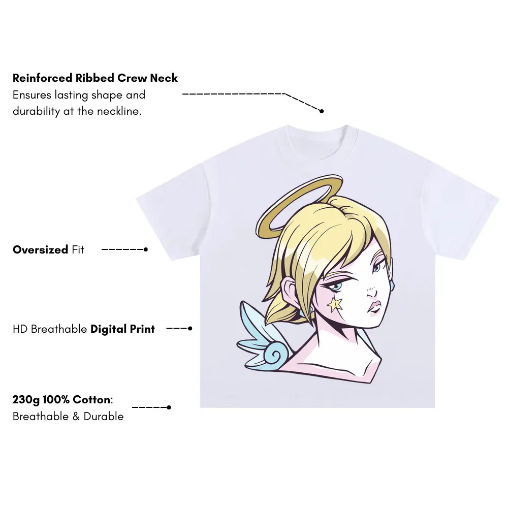 Angel Girl Anime Oversized White Graphic Tee - Image 3