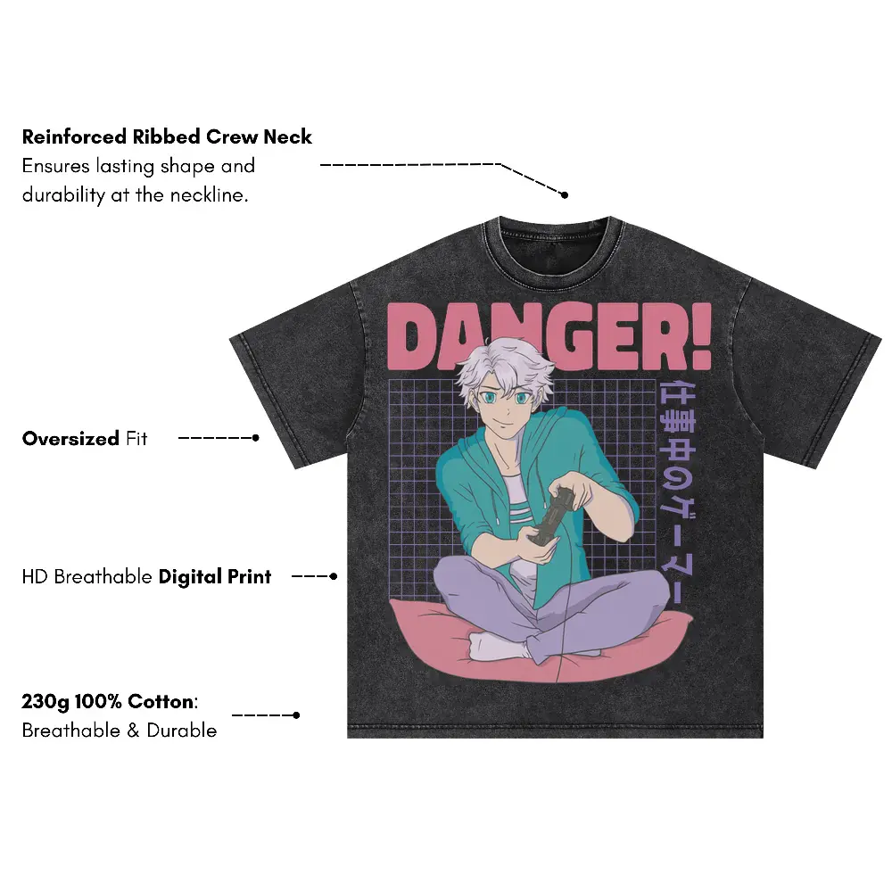 Anime Boy Danger Oversized Acid Wash T-shirt - Image 3
