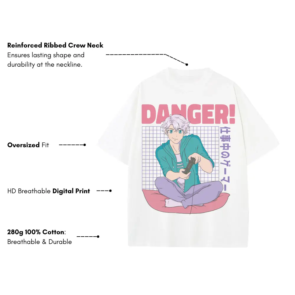 Anime Boy Danger Heavyweight Oversized White Graphic Tee - Image 3