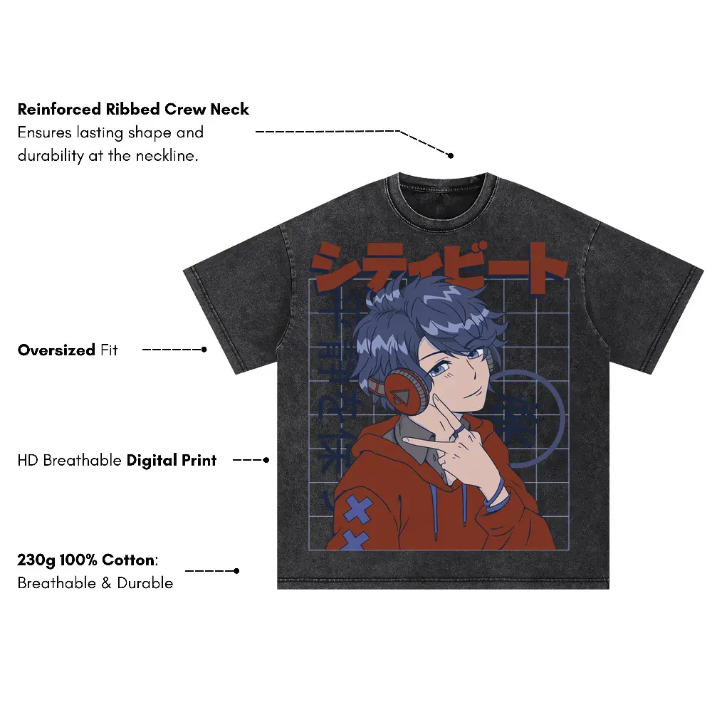 Anime Boy Headphones Oversized Acid Wash T-shirt - Image 3