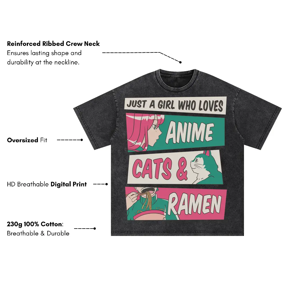 Anime Cats Ramen Oversized Acid Wash T-shirt - Image 3