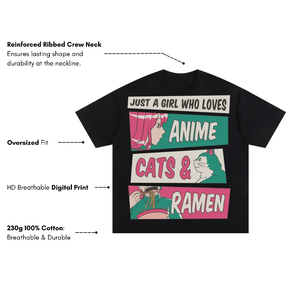 Anime Cats Ramen Oversized Black Graphic Tee - Image 3
