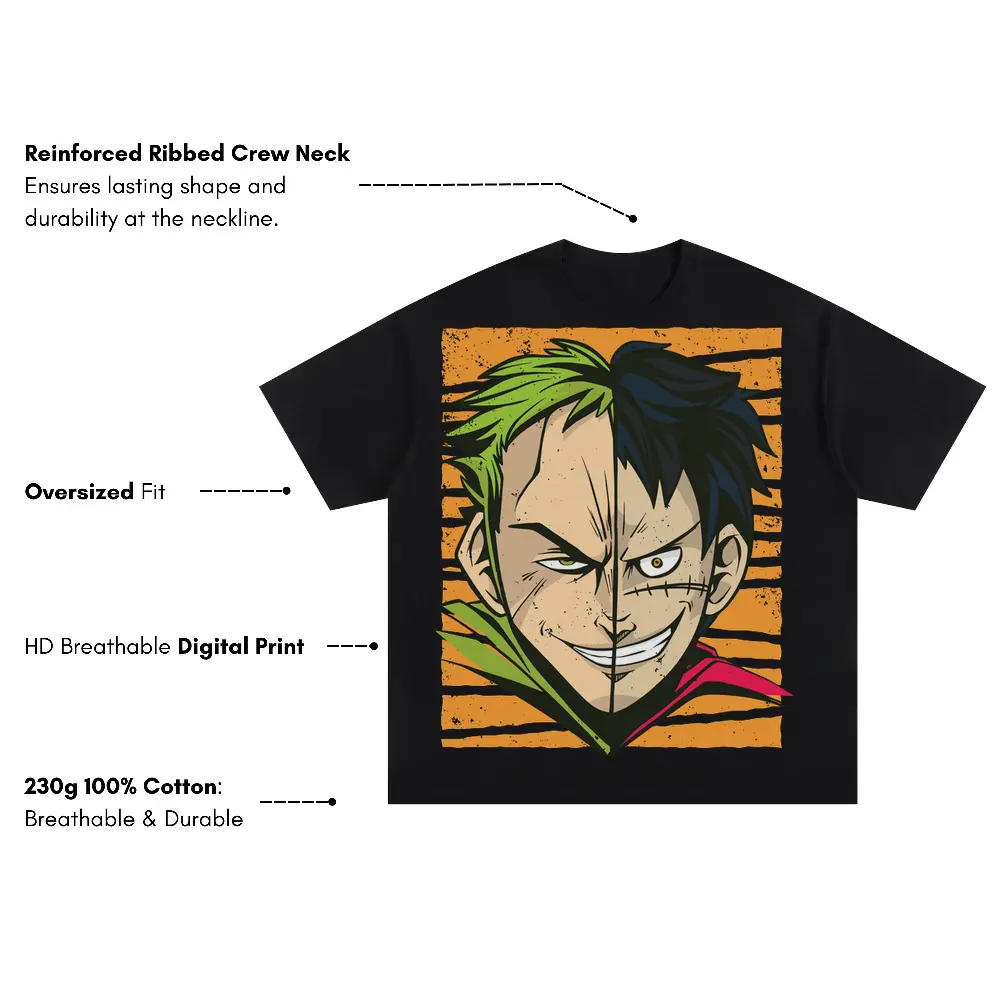 Anime Characters Faces Off Oversized Black Graphic Tee - Image 3