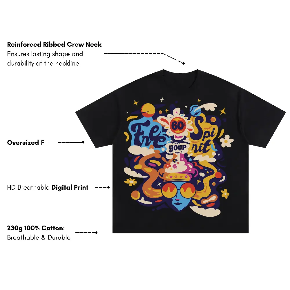 60 S Hippie Oversized Black Graphic Tee - Image 3