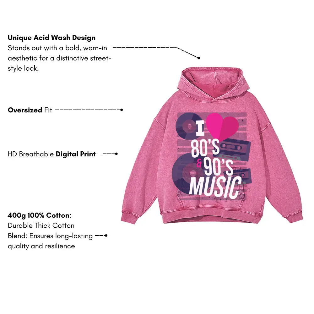 80 S 90 S Music Acid Wash Oversized Pink Hoodie - Image 3