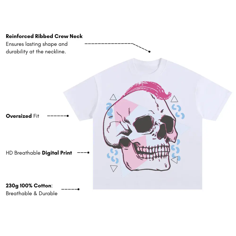90 S Skull Design Oversized White Graphic Tee - Image 3