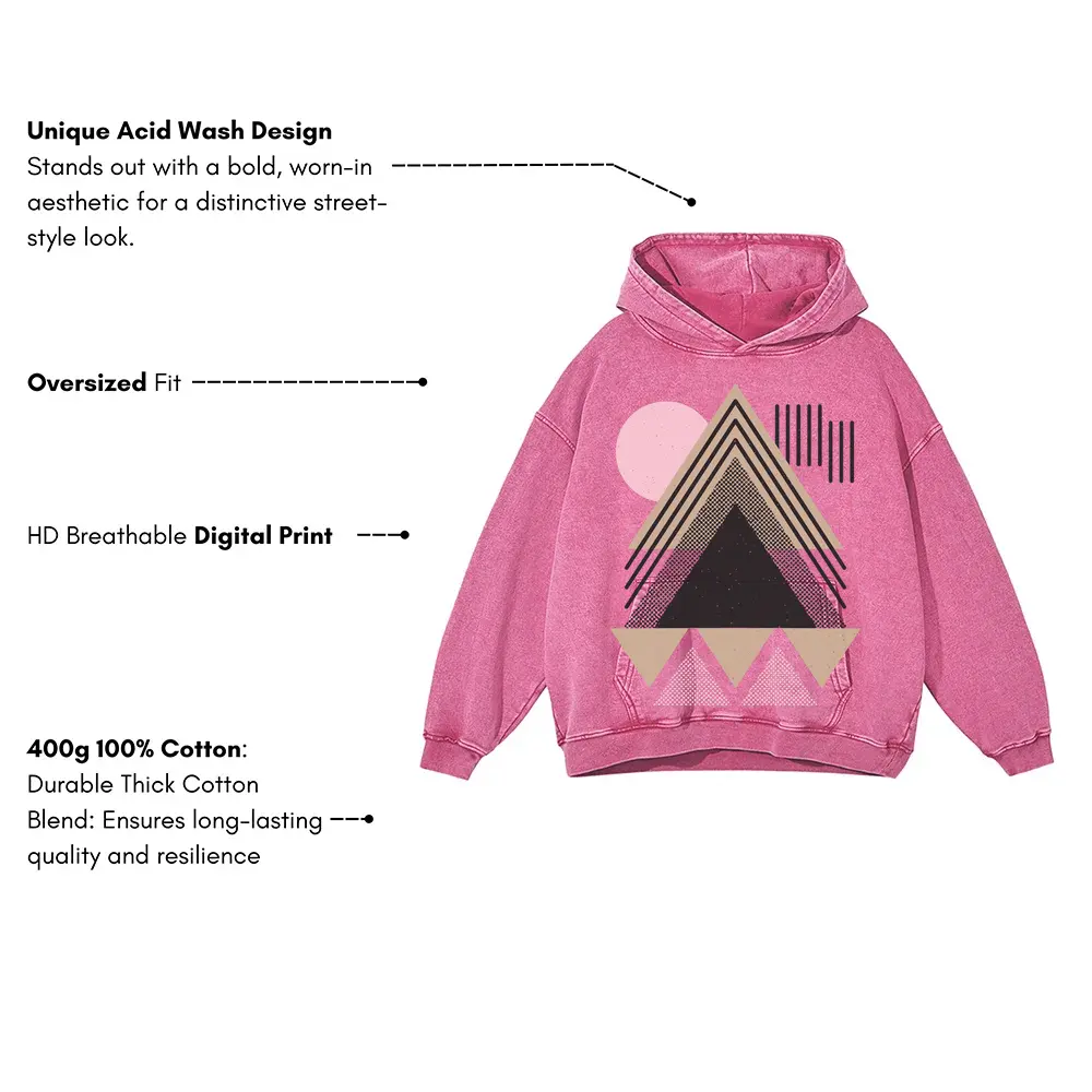 Abstract Geometric Acid Wash Oversized Pink Hoodie - Image 3