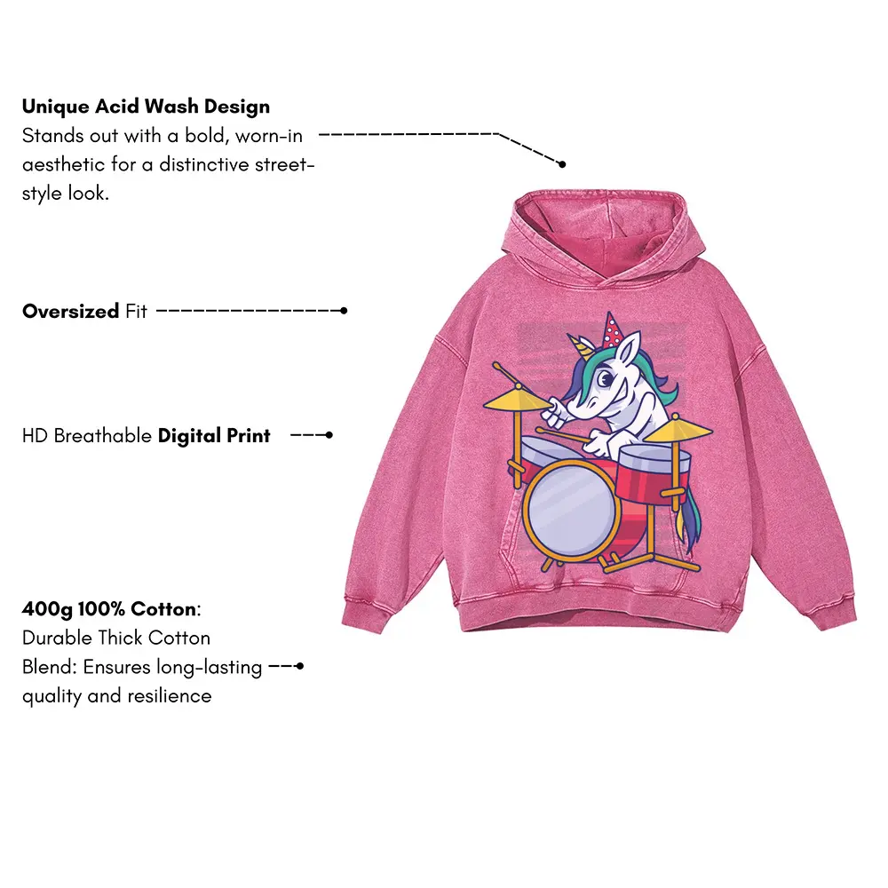 Birthday Unicorn Acid Wash Oversized Pink Hoodie - Image 3