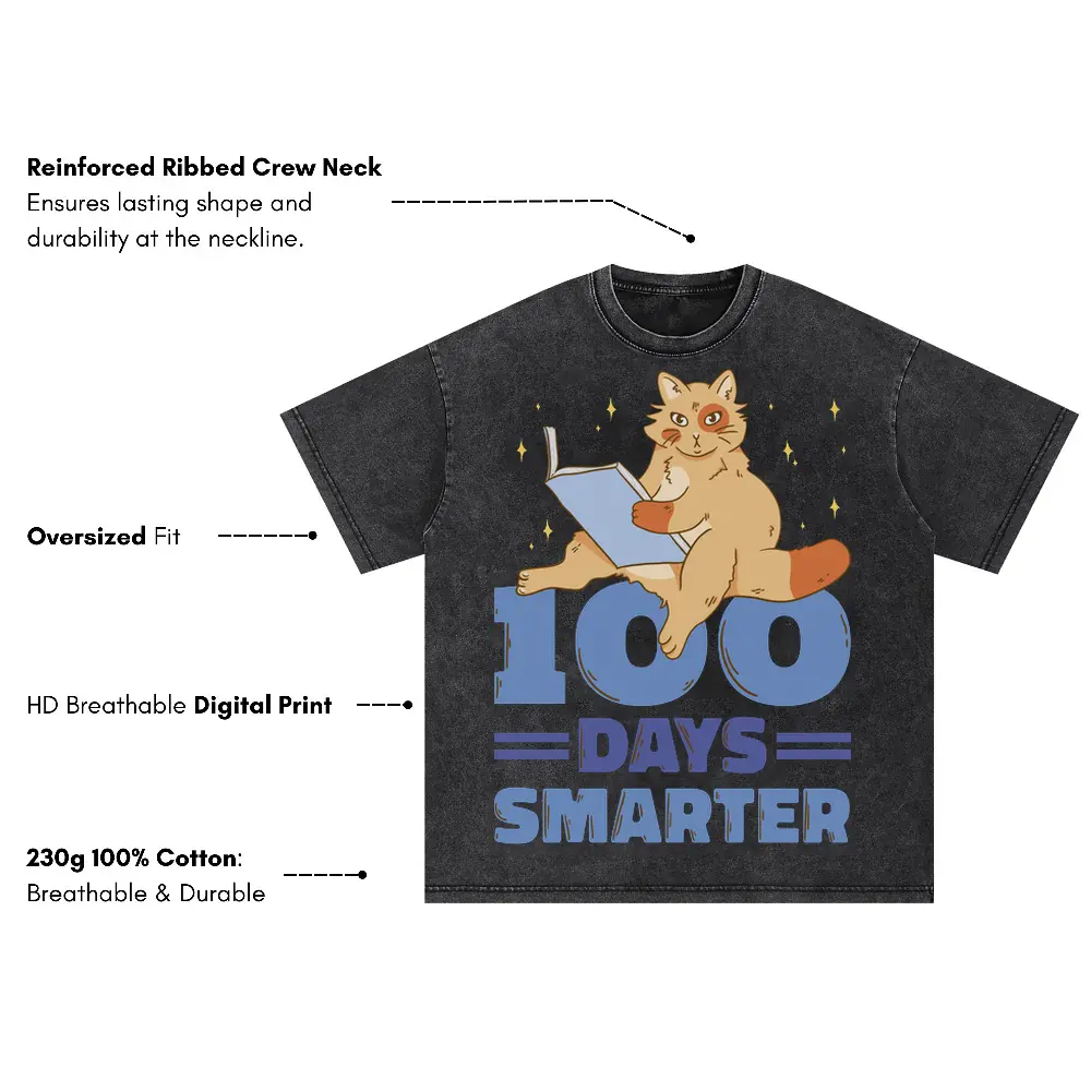 00 Days Smarter Cat Reading Oversized Acid Wash T-shirt - Image 3
