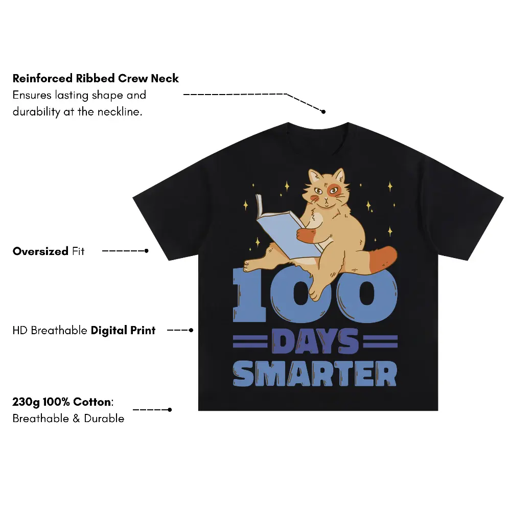 00 Days Smarter Cat Reading Oversized Black Graphic Tee - Image 3