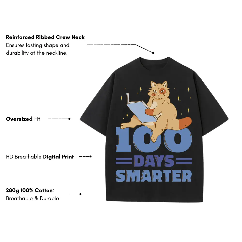 00 Days Smarter Cat Reading Heavyweight Oversized Black Graphic Tee - Image 3