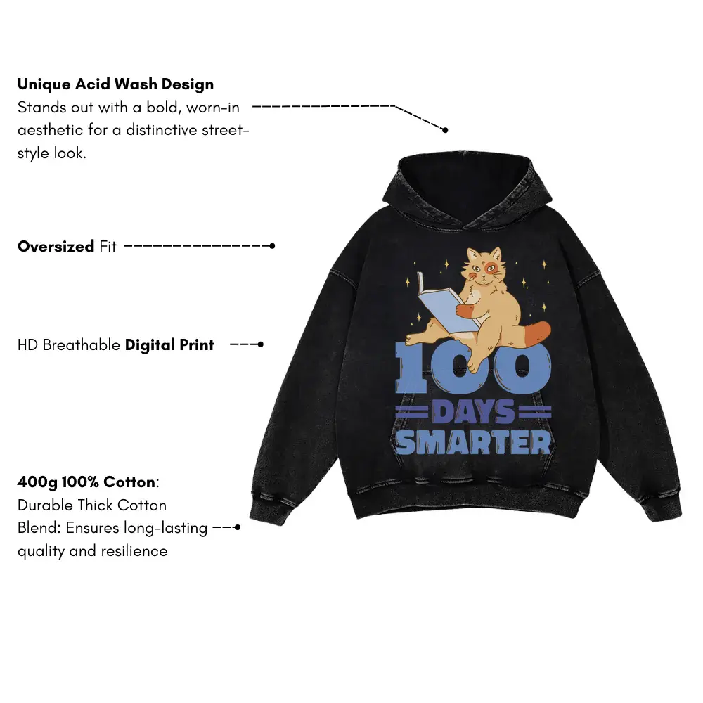 00 Days Smarter Cat Reading Acid Wash Oversized Hoodie - Image 3