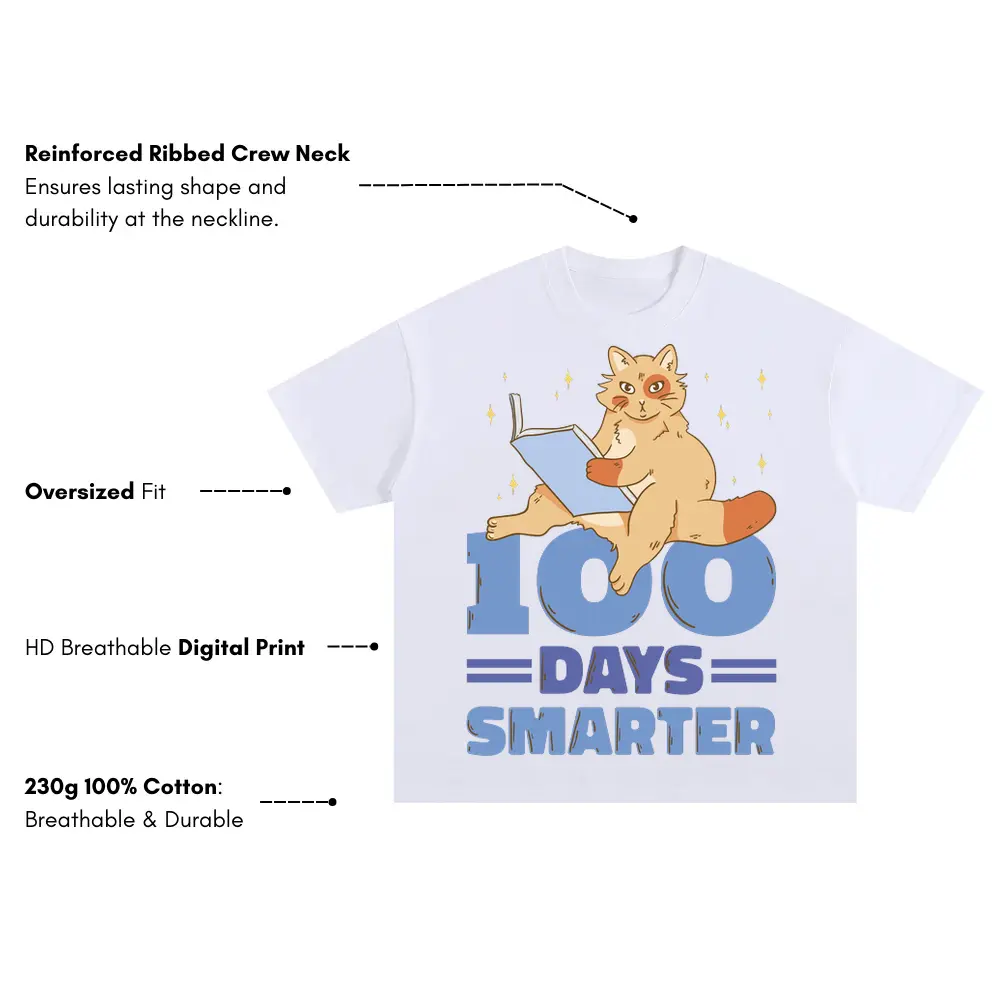 00 Days Smarter Cat Reading Oversized White Graphic Tee - Image 3