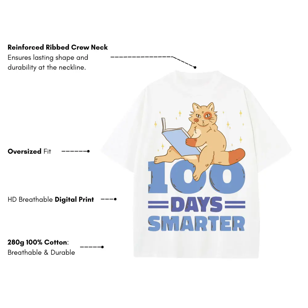 00 Days Smarter Cat Reading Heavyweight Oversized White Graphic Tee - Image 3