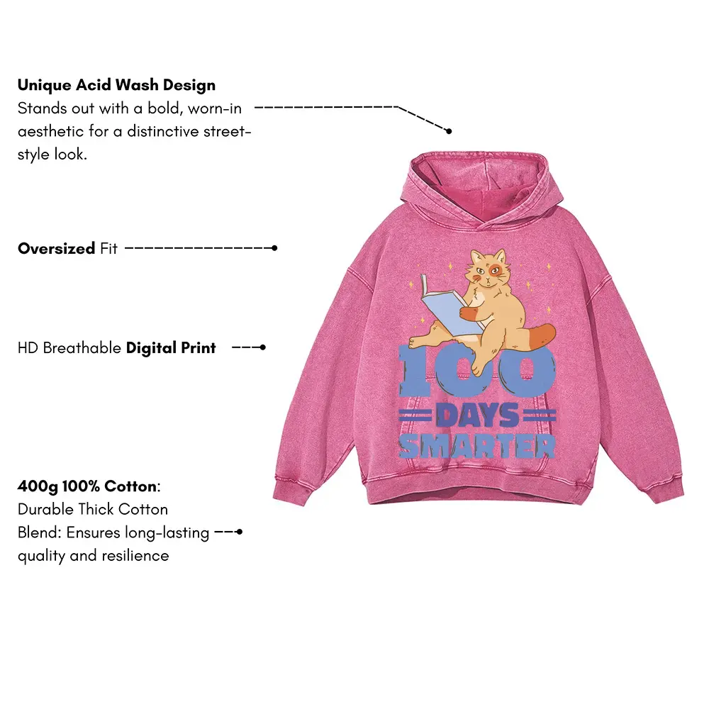 00 Days Smarter Cat Reading Acid Wash Oversized Pink Hoodie - Image 3