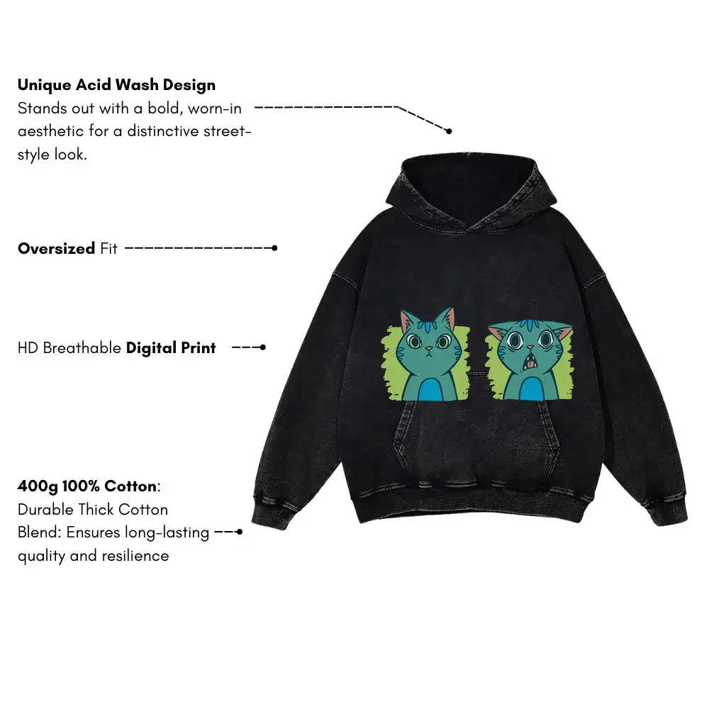 2 Expressions Cat Acid Wash Oversized Hoodie - Image 3