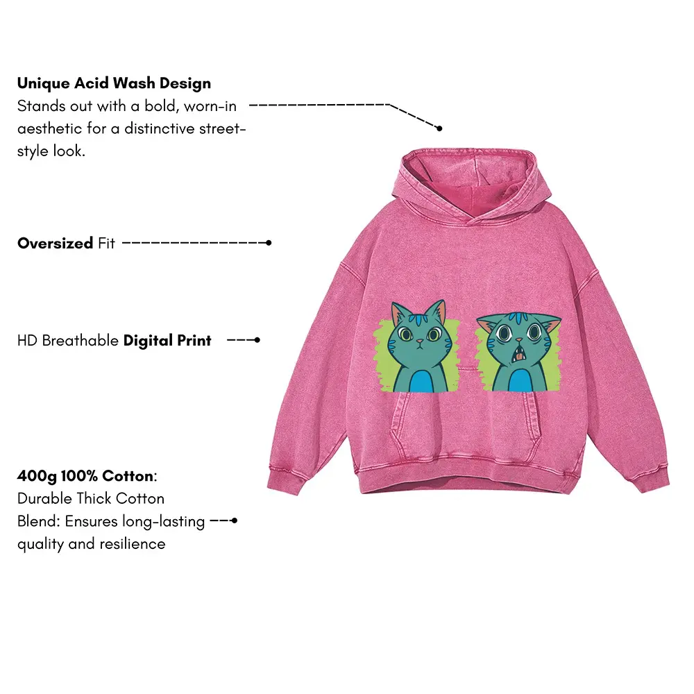 2 Expressions Cat Acid Wash Oversized Pink Hoodie - Image 3