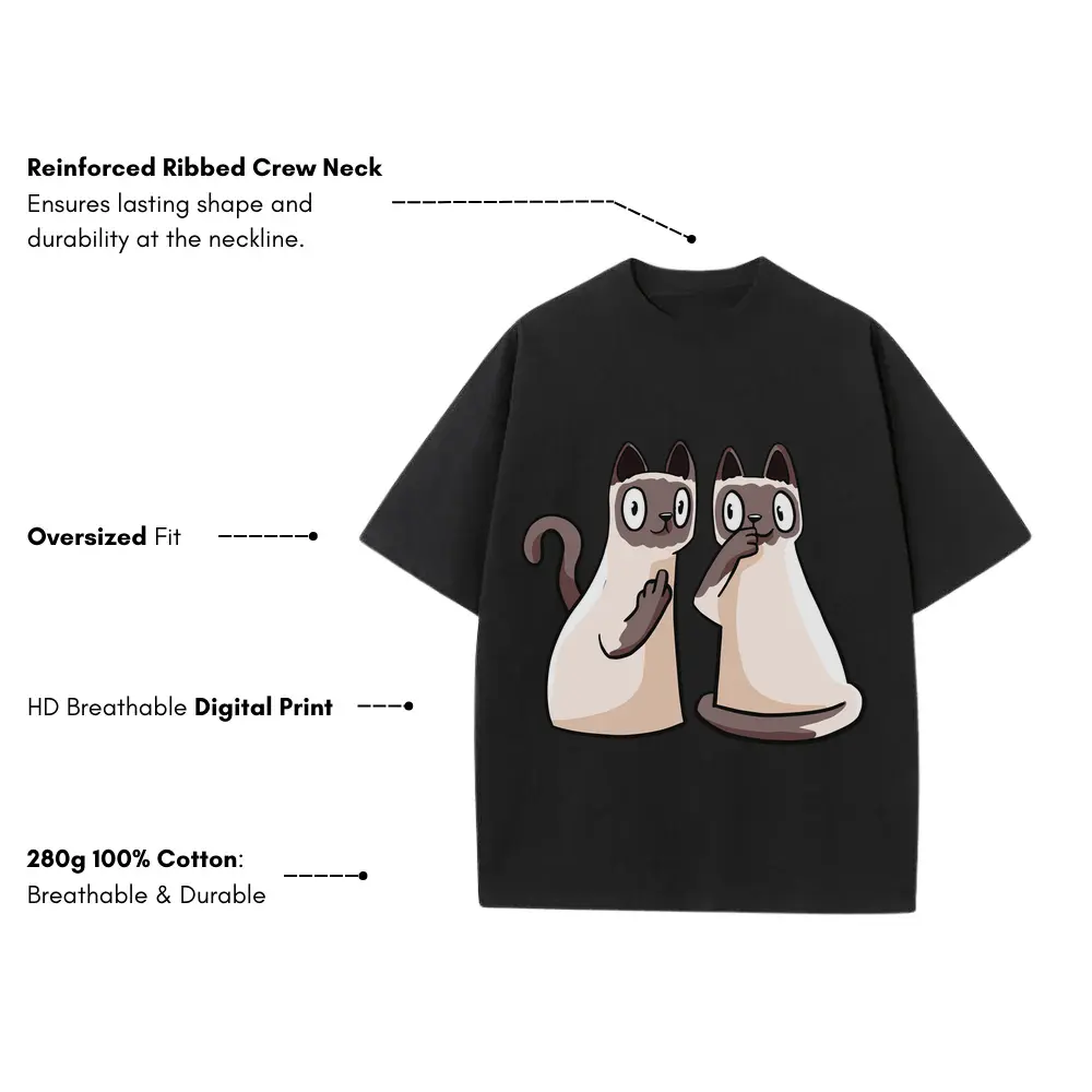 257 Siamese Cats Heavyweight Oversized Black Graphic Tee - Image 3