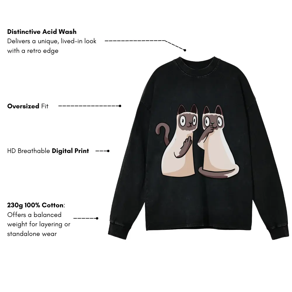 257 Siamese Cats Acid Wash Oversized Long Sleeve Shirt - Image 3