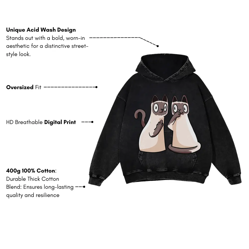 257 Siamese Cats Acid Wash Oversized Hoodie - Image 3