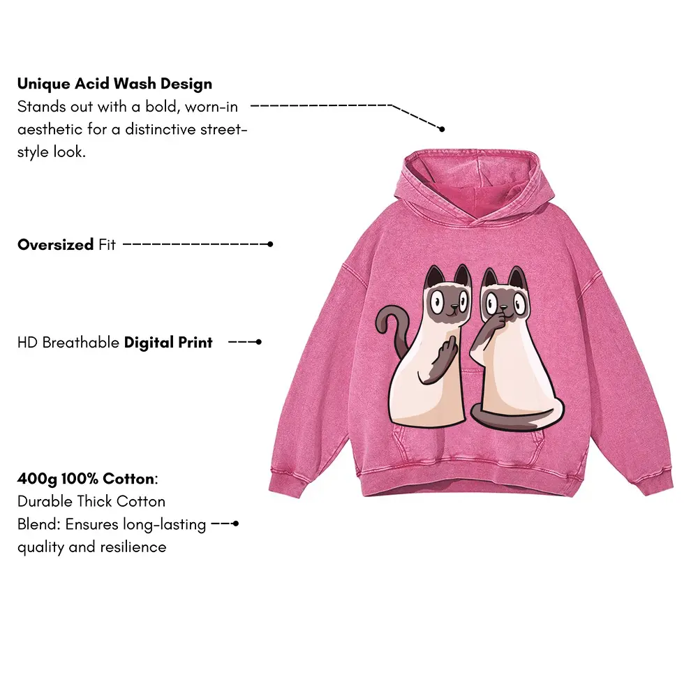 257 Siamese Cats Acid Wash Oversized Pink Hoodie - Image 3