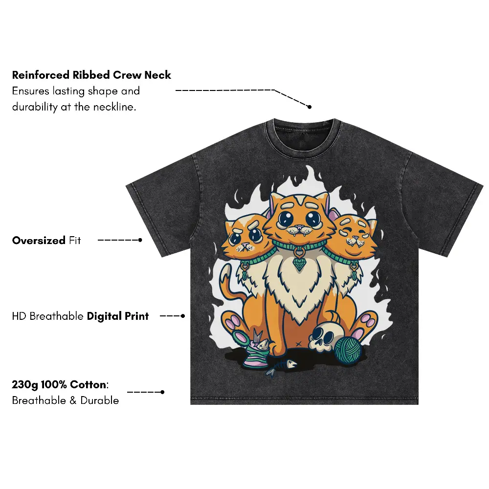 3 Head Cat Oversized Acid Wash T-shirt - Image 3