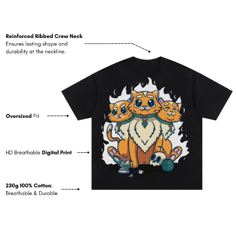 3 Head Cat Oversized Black Graphic Tee - Image 3