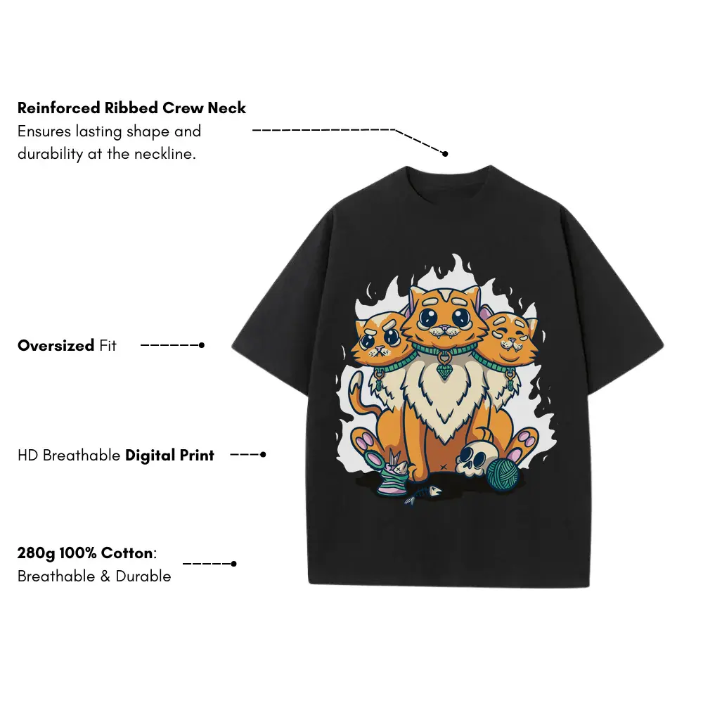 3 Head Cat Heavyweight Oversized Black Graphic Tee - Image 3