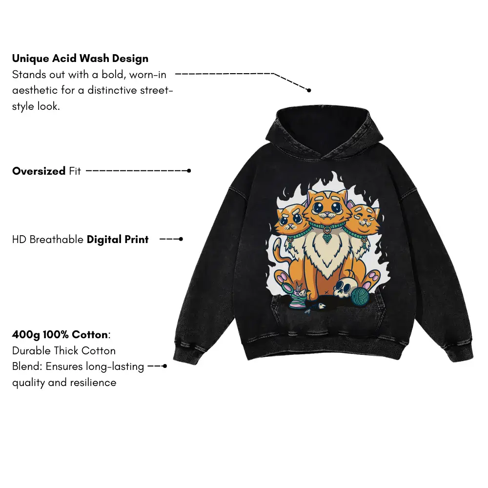 3 Head Cat Acid Wash Oversized Hoodie - Image 3