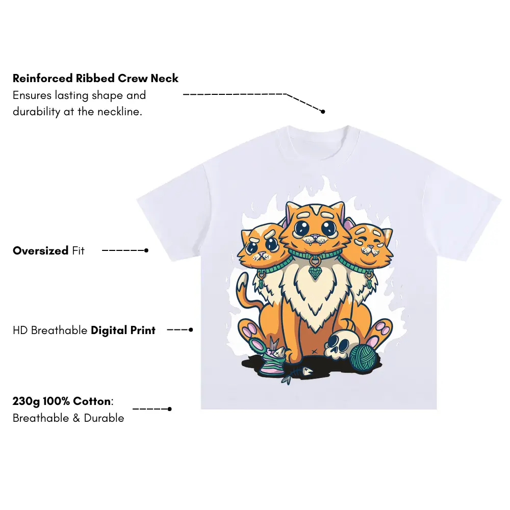 3 Head Cat Oversized White Graphic Tee - Image 3