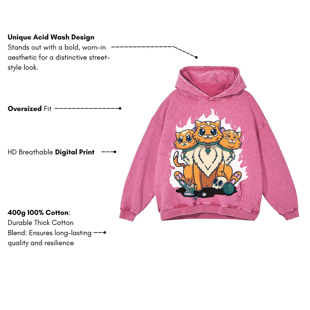 3 Head Cat Acid Wash Oversized Pink Hoodie - Image 3