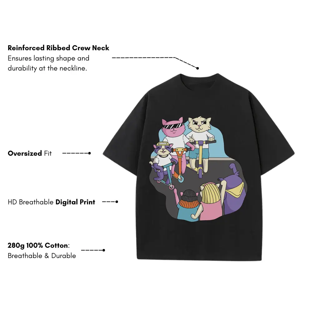 3 Scooter Cats Heavyweight Oversized Black Graphic Tee - Image 3