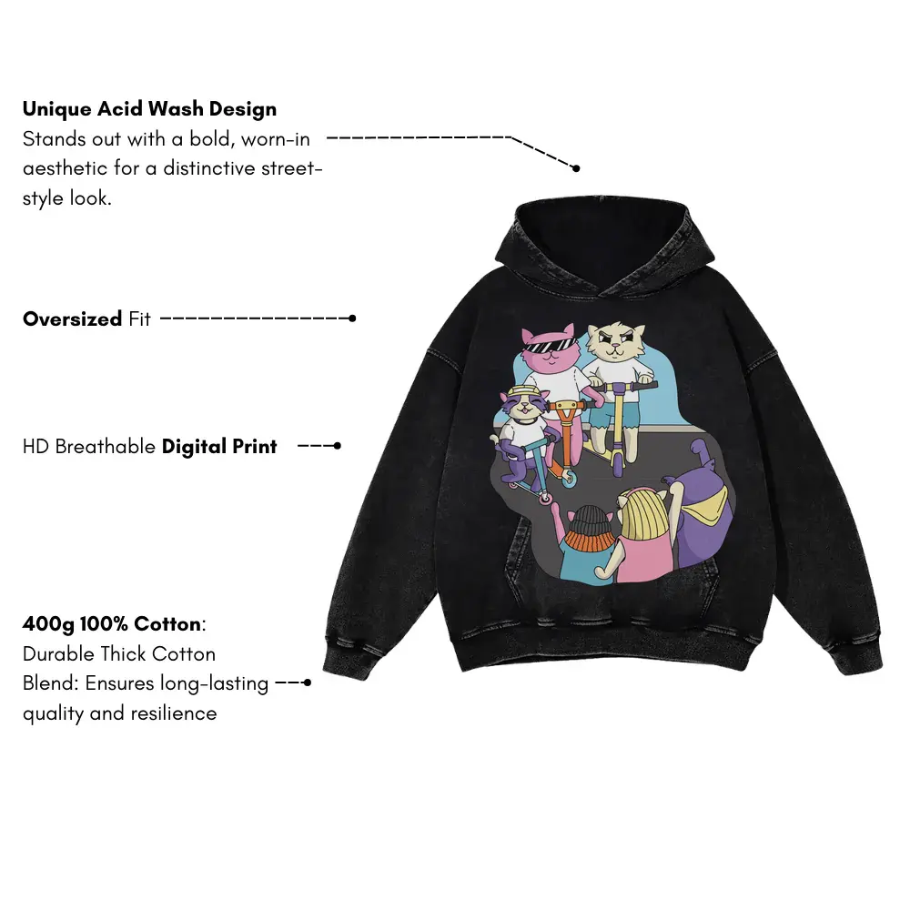 3 Scooter Cats Acid Wash Oversized Hoodie - Image 3