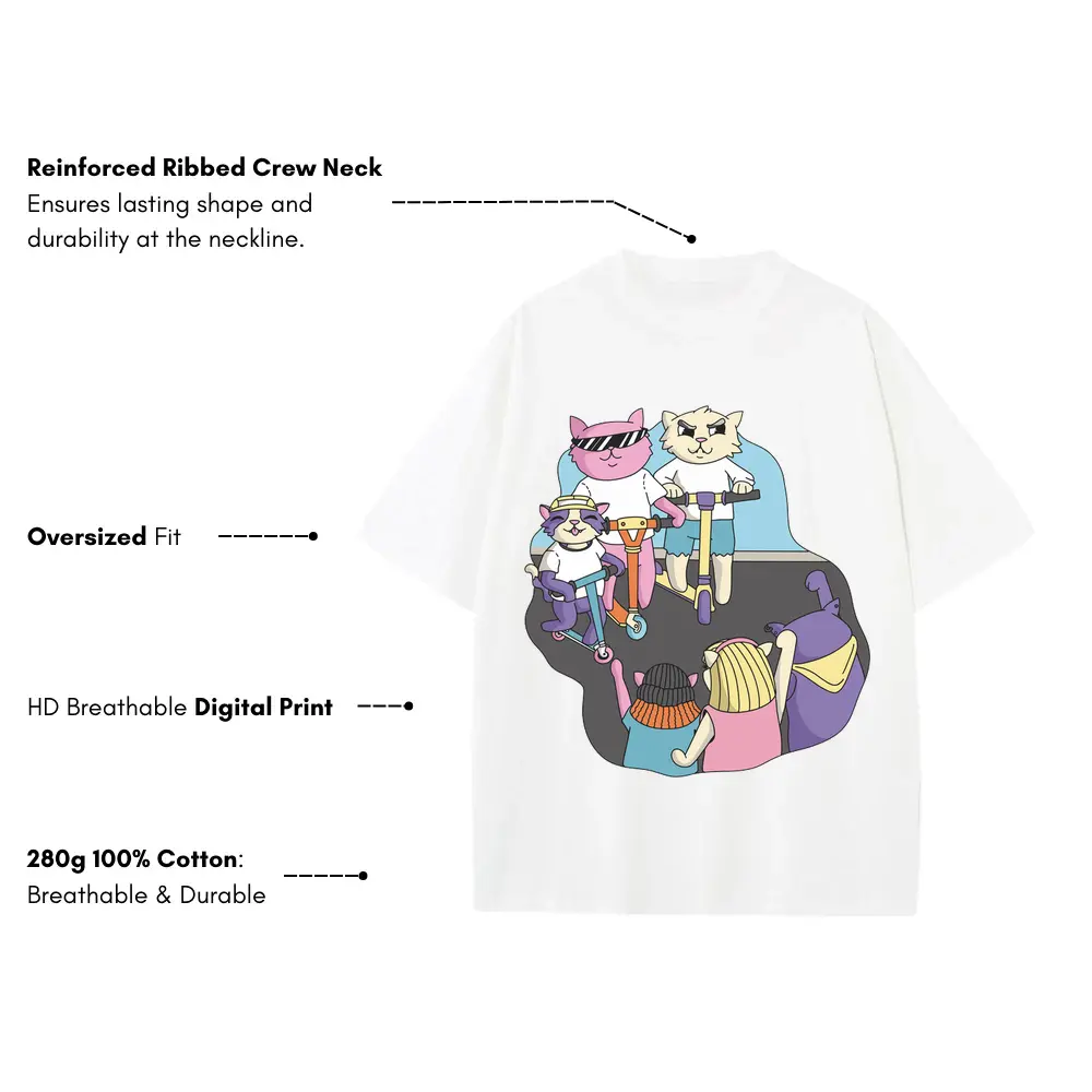 3 Scooter Cats Heavyweight Oversized White Graphic Tee - Image 3