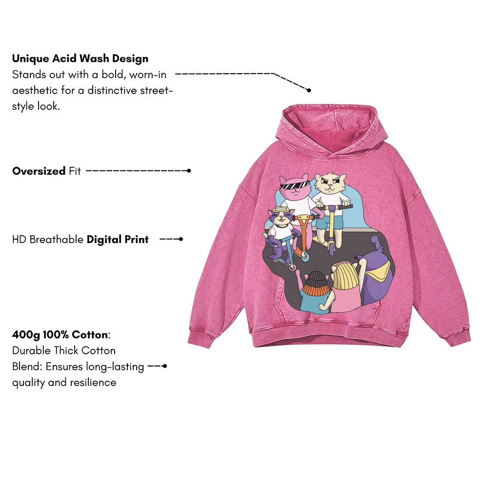 3 Scooter Cats Acid Wash Oversized Pink Hoodie - Image 3