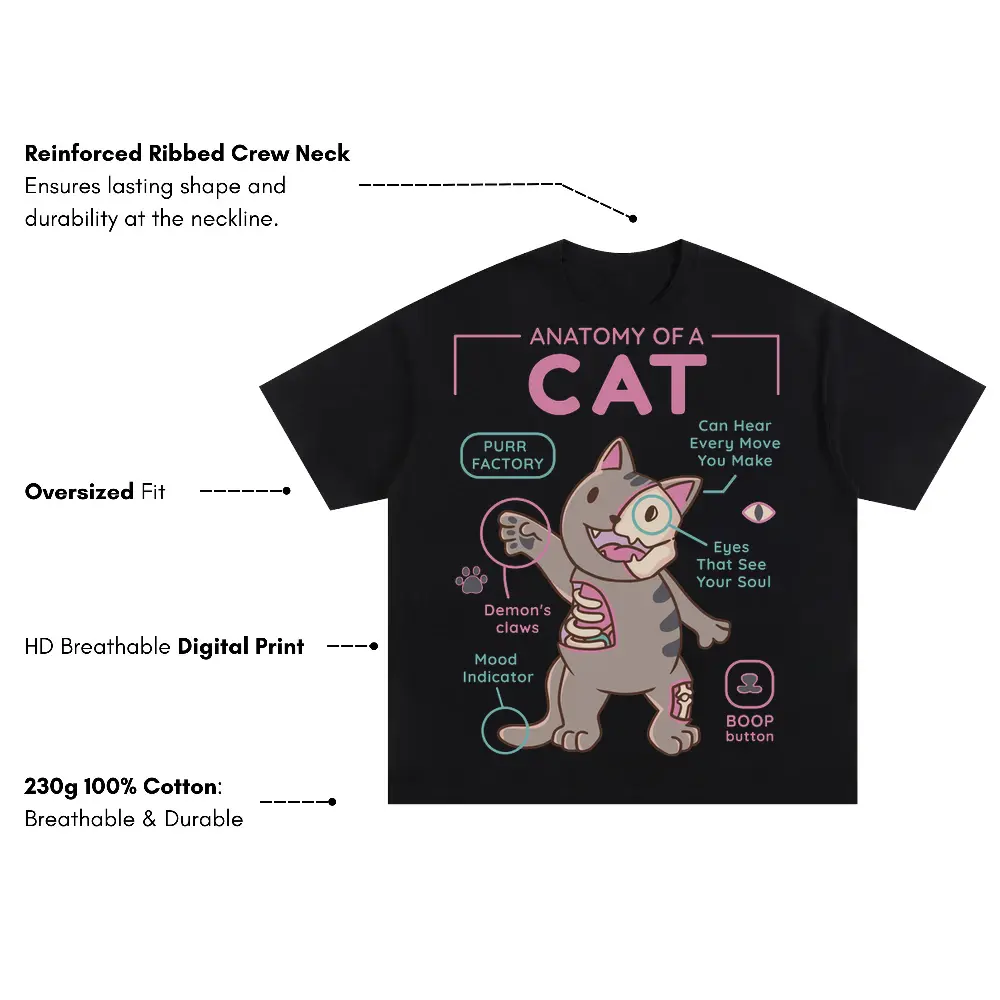 Anatomy Of A Cat Oversized Black Graphic Tee - Image 3