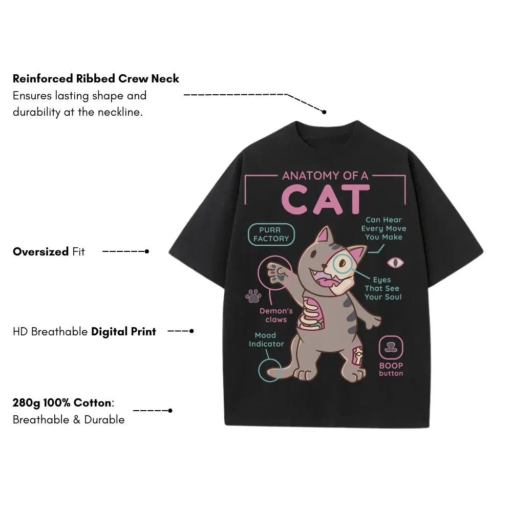 Anatomy Of A Cat Heavyweight Oversized Black Graphic Tee - Image 3