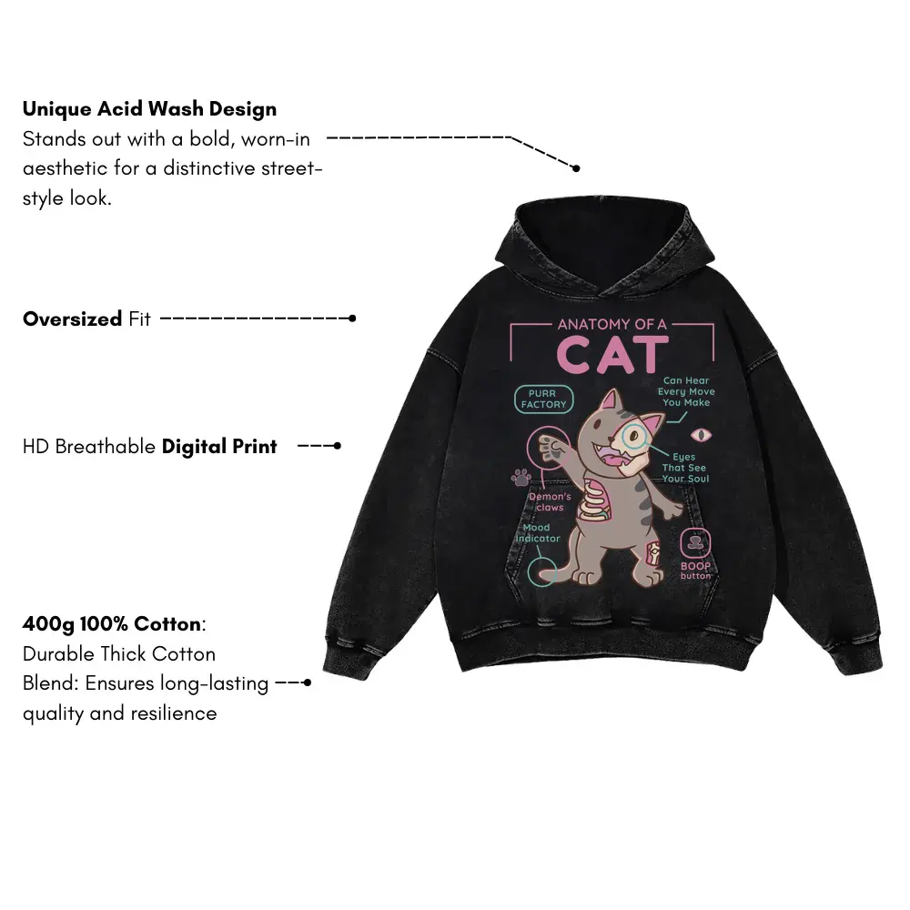 Anatomy Of A Cat Acid Wash Oversized Hoodie - Image 3