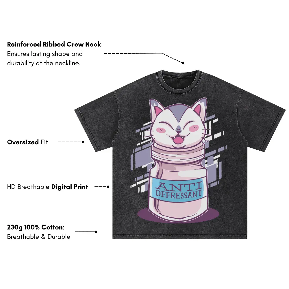 Anti Depressant Cat Oversized Acid Wash T-shirt - Image 3