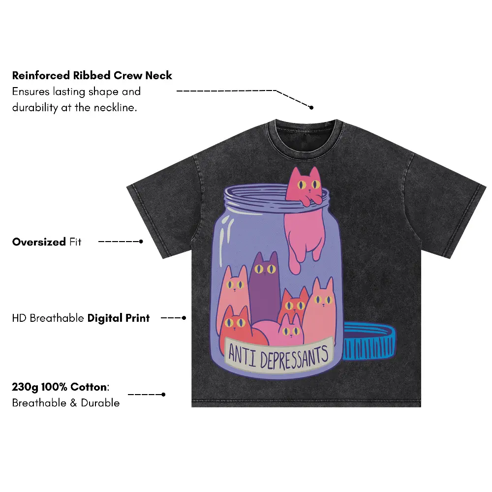 Antidepressants Cats Oversized Acid Wash T-shirt - Image 3