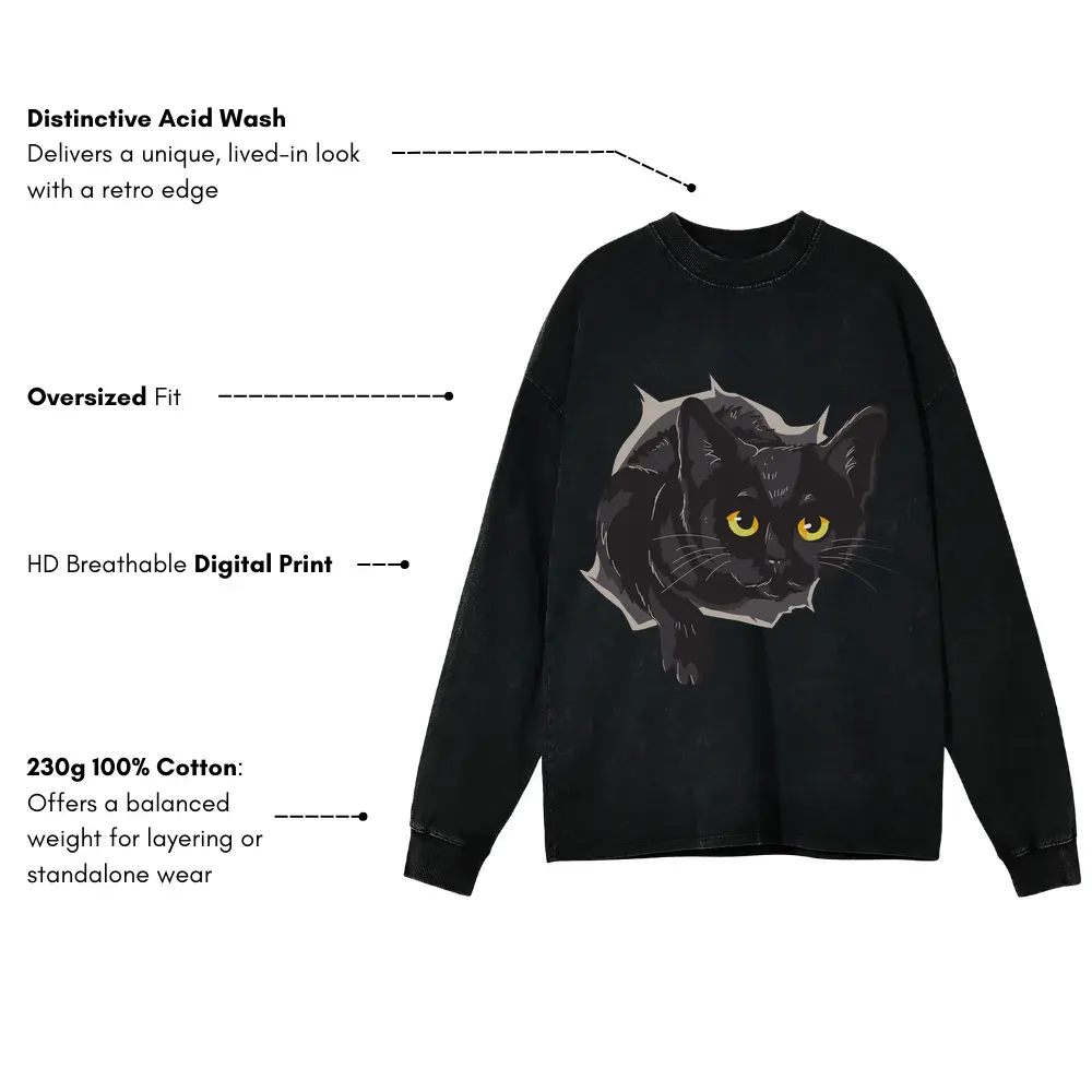 Black Cat Box Acid Wash Oversized Long Sleeve Shirt - Image 3