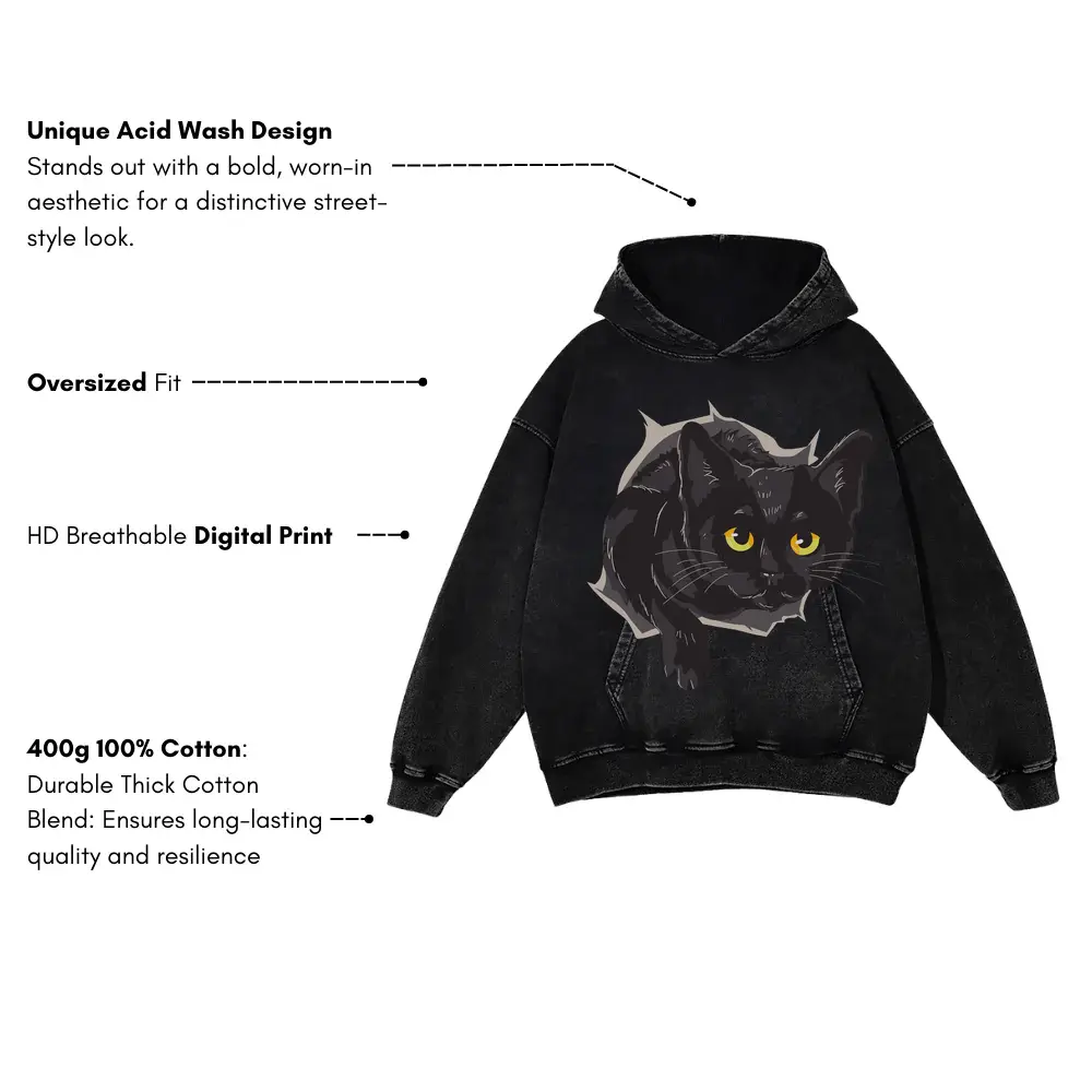 Black Cat Box Acid Wash Oversized Hoodie - Image 3