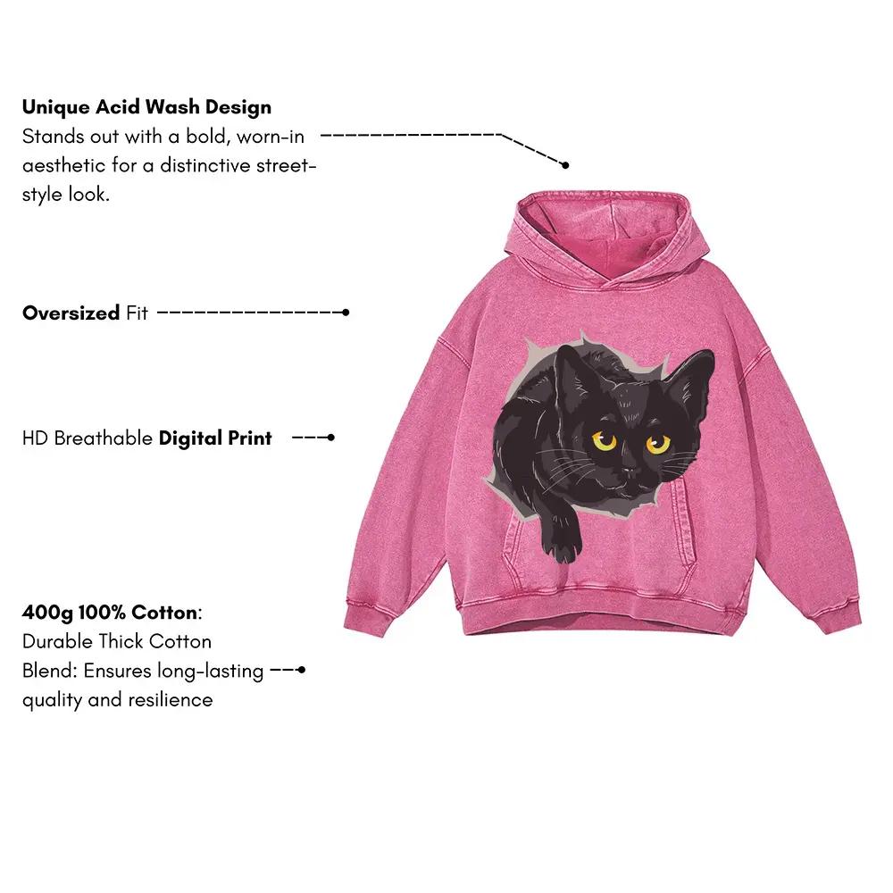 Black Cat Box Acid Wash Oversized Pink Hoodie - Image 3