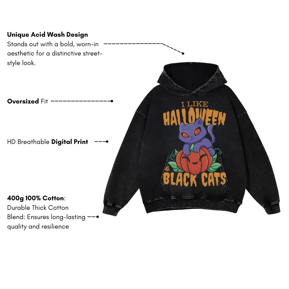 Black Cat Acid Wash Oversized Hoodie - Image 3