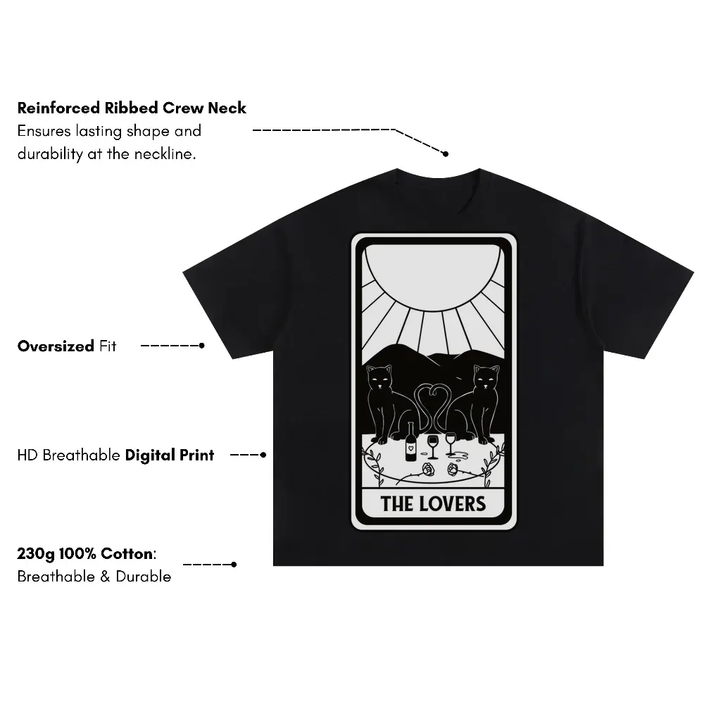 The Lovers Cat Tarot Card Oversized Black Graphic Tee - Image 3