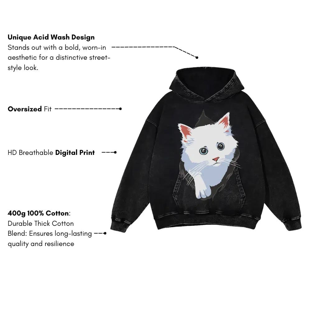 White Cat Box Acid Wash Oversized Hoodie - Image 3