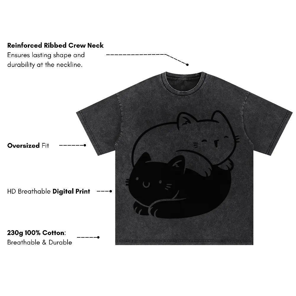 Ying Yang Cats Oversized Acid Wash T-shirt - Image 3