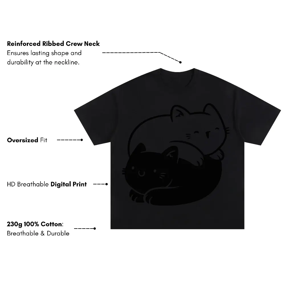 Ying Yang Cats Oversized Black Graphic Tee - Image 3